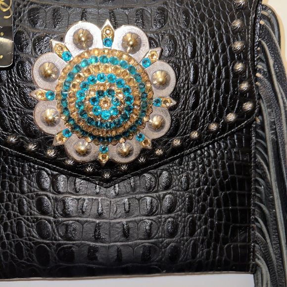 Raviani Fringe Satchel Bag In Black Alligator Embossd Leather Crystal Flower NWT - Picture 2 of 14